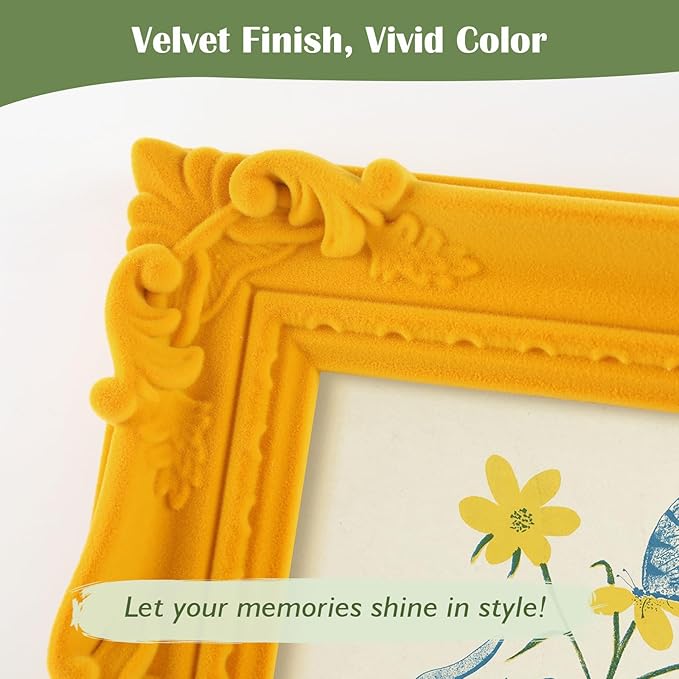 Yellow Picture Frame 5x7 for Family Photos Dog Cat Animal Portraits, Flocking Vintage Ornate Frame for Shelf Side Table Gallery Wall Art, Small Real Glass Decorative Frames (Yellow)