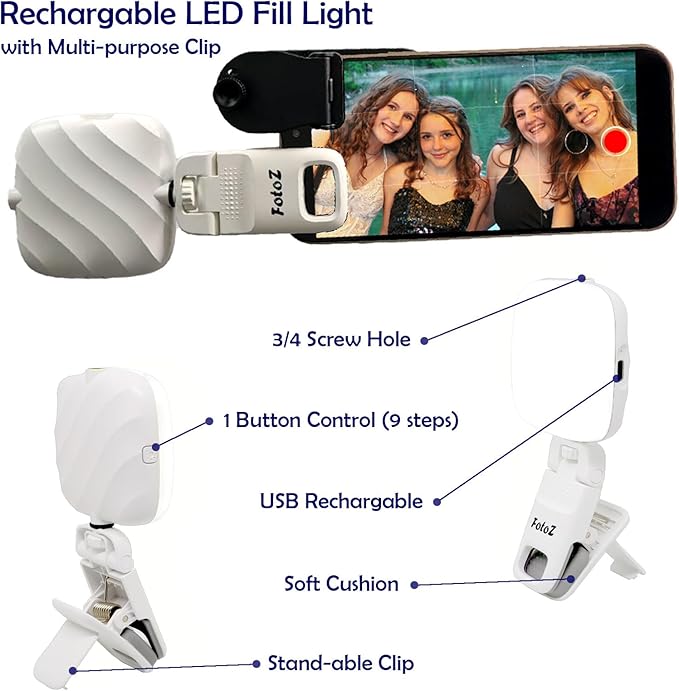 FotoZ Pro Lens kit with Rechargable LED Fill Light, Wide Lens, Macro, Clip for iPhone Android Smartphone Tablet for Vlogger, Tiktok, Video Conference, Lighting for Web cam with Clip on Selfie Light