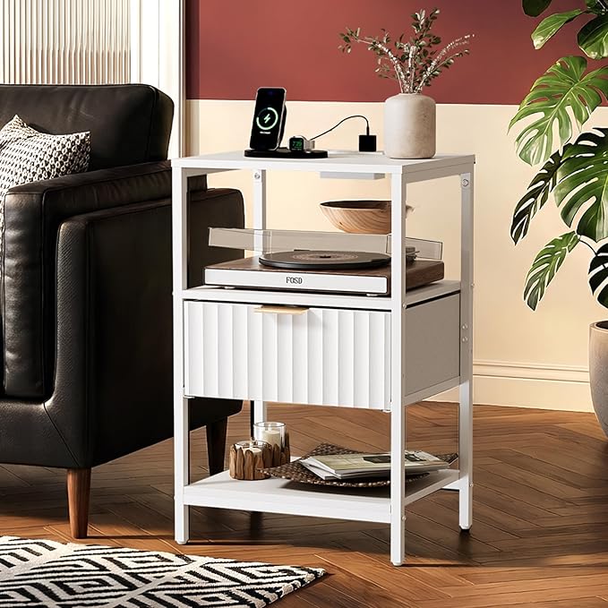 Bonnlo Fluted Nightstand with Charging Station, End Table with Fabric Drawer, Night Stand with Storage Shelf & Handle, Fluted Side Table for Bedroom/Living Room, White