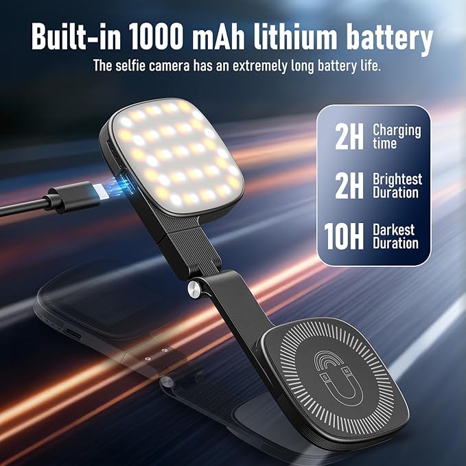 Magnetic Selfie Light with Mirror, 360° Adjustment, Portable Mini LED Phone Fill Lighting, Phone Mirror with Lights for Selfie, Makeup, Video Conference, TikTok (Black)