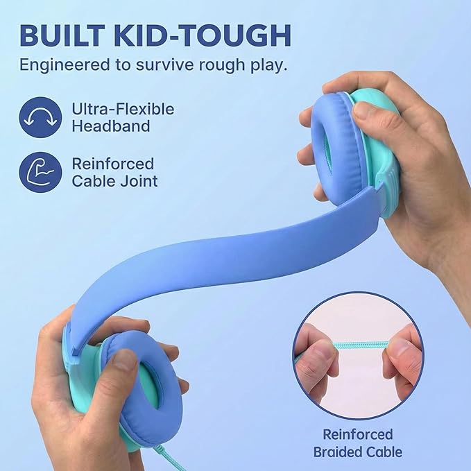 Wired Kids Headphones with USB C Plug, 85dB Safe Volume, Adjustable Headband, Tangle-Free Cord Headphones for School, Tablet, Travel (Sky Blue & Mint Green, Without Microphone)