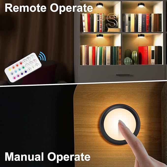 BLS LED Puck Lights with Remote Control, 13 Color Changing Under Cabinet Lighting Wireless, Push Battery Operated Night Light, Tap Battery Powered Stick on for Closet,Kitchen,Stairs,Step, Black 6 Pack