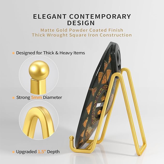 6 Inch Metal Square Wire Plate Stands for Display - Gold 2 Pack Holder Stand + Picture Frame Easel for Book, Decorative Plaque, Photo, Platter