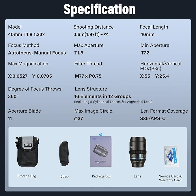 SIRUI 40mm T1.8 1.33X Anamorphic Lens, S35 Autofocus Lens for X Mount Cameras, X-A, X-E, X-T, X-PRO Series, X-H2/H2S, X-S10/20 (Blue Flare)