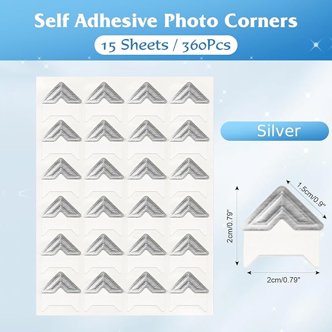GOONAVI 15 Sheets 360 Pcs Acid-Free Photo Corners, Self-Adhesive Mounting for Wedding Scrapbook Supplies, DIY Photo Album, Journal, Guest Book, Memory Book (Sliver)