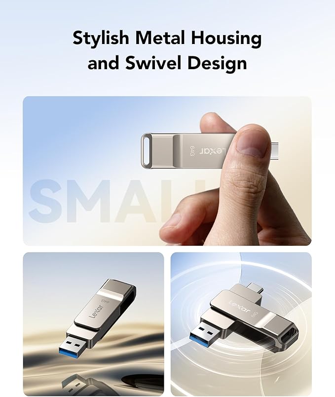 Lexar D40E 64GB Dual USB 3.2 Gen 1 Type-C Jump Drive, USB-C Flash Metal Housing Swivel Design Thumb Drive(Champagne Silver)