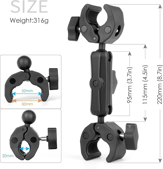 Double Super Clamp Camera Mount with Magic Arm for Chair/Photography Reflector/Light/Pole, Umbrella Clamp with 360° Rotation Double Ball Head Adapter for Golf Push Carts/Strollers/Wagons