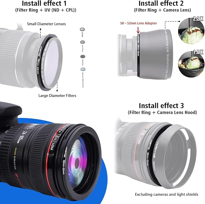 58mm Lens to 52mm Camera Filters Ring Compatible All 58mm Camera Lenses to 52mm UV CPL ND Filter Accessory and 52 mm Lens Hood