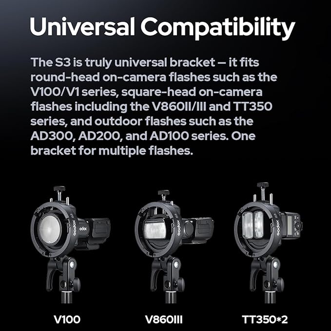 Godox S3 Speedlite Bracket (𝐒𝟐 𝐔𝐩𝐠𝐫𝐚𝐝𝐞𝐝 ) for Godox V1 AD200Pro AD200ProII AD300Pro AD400Pro AD100Pro V860III /TT685III /TT600 /TT350, Flash Bracket for Softbox Snoot , Bowens Mount Holder