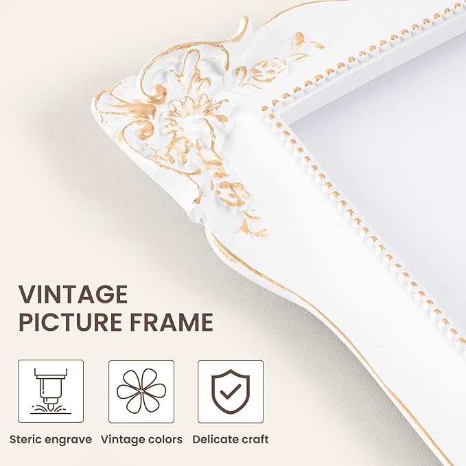 Axeman 8x10 Vintage Picture Frame | Antique 8 x 10 Picture Frame with Real Glass | Ornate Frame 8x10 for Wall & Tabletop Display | Retro White Gold 8 x 10 Frame - White