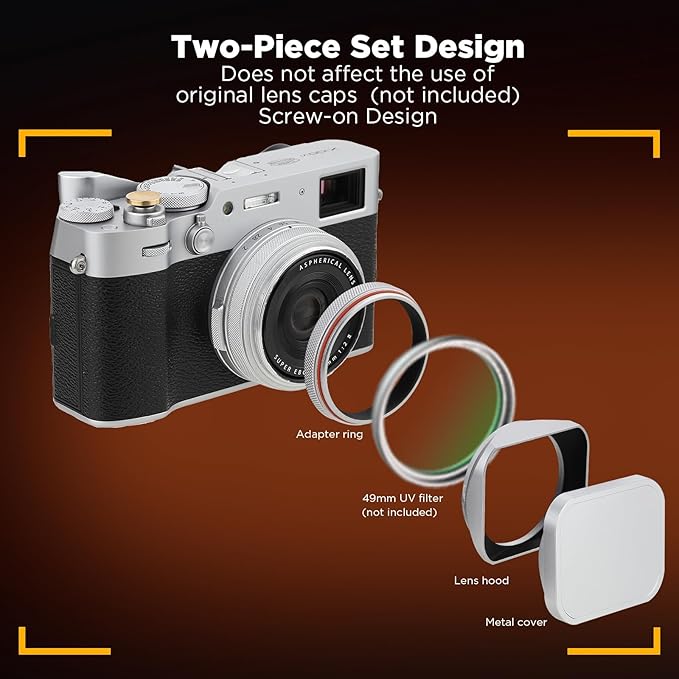 Haoge LH-X200S Square Metal Lens Hood with 49mm Adapter Ring Metal Cap for Fujifilm X100VI x-100vi x100v x100f x100t x100s Fuji Photo Camera Accessories Silver