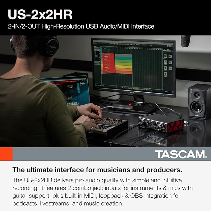 Tascam US-2x2HR 2 Mic 2IN/2OUT High Resolution Versatile USB Audio Interface for Recording, Streaming, Podcasting, Songwriting