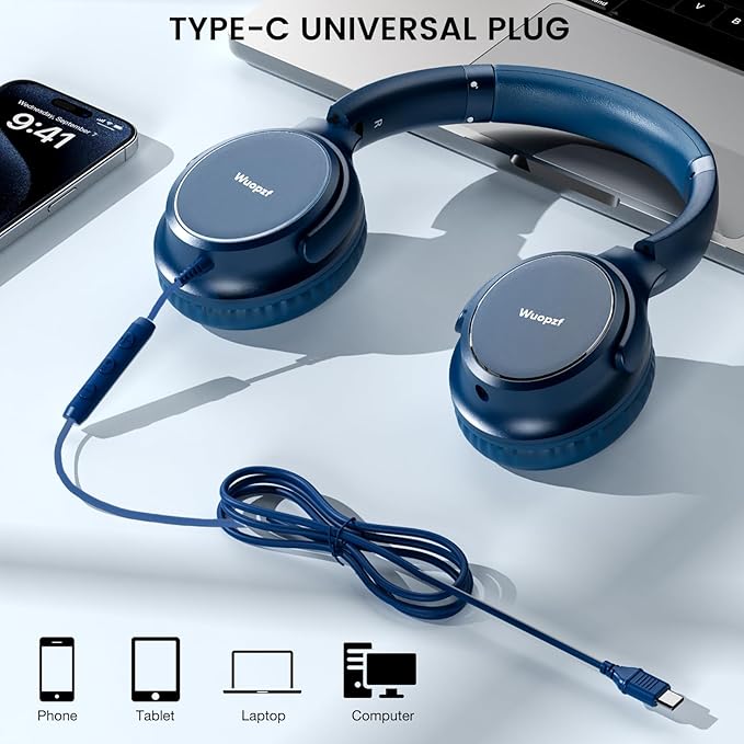 USB C Wired Over-Ear Headphones with Microphone, Volume Control, Share Port, and Adjustable Headband Foldable Stereo Headset for Adult/Teens for iPhone 16, Samsung, Laptop, Gaming, Travel