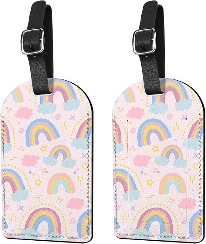 2 Pack Luggage Tag Suitcase Tags PU Leather Identifiers Privacy Cover Luggage Tags Aesthetic Cute Travel Bag Labels for Women Girls Men-Rainbow