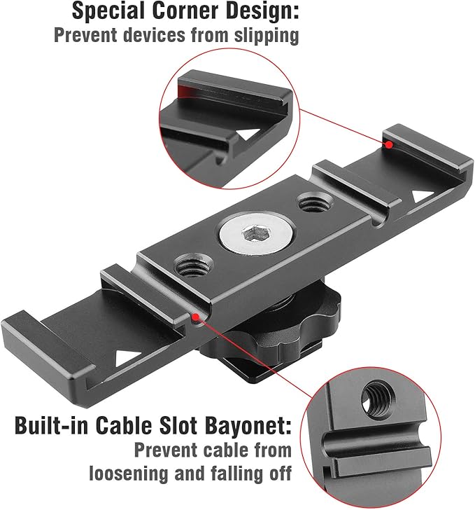 Chromlives Hot Shoe Mount Bracket Dual Hot Shoe Extension Bar Aluminum Mounting Plate Adapter Double Extension Shoe for LED Video Light Screens