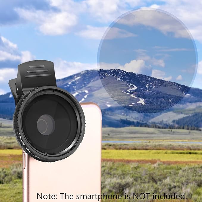 NEEWER 37mm Clip On ND2-ND400 Phone Lens ND Filter Kit: Variable Neutral Density Filter with Phone Clip Compatible with iPhone 15 14 13 Samsung S24 S23 S22 Ultra Android Smartphones iPad