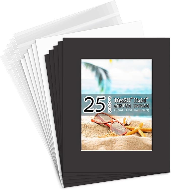 Golden State Art, Acid Free, Pack of 25, 16x20 Black Picture Mats Mattes with White Core Bevel Cut for 11x14 Photo + Backing + Bags