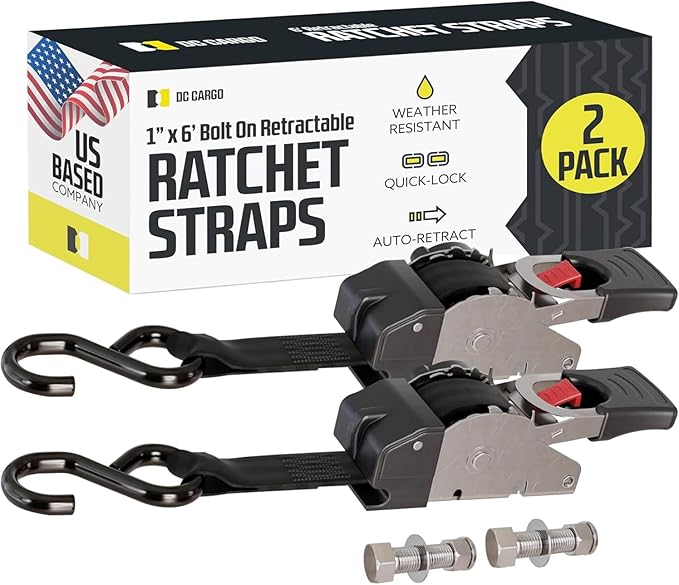 DC Cargo Mall Bolt-on Auto Retractable Ratchet Straps - (2 Pack) 1 Inch x 6 Ft - 600 lbs Break Strength - Retractable Ratchet Tie Down Straps for Boats, Jet Skis, Motorcycles, ATVs