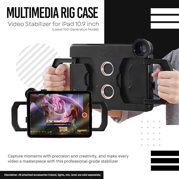 MegaMount Rig Case Video Stabilizer for iPad 10.9 inch (Latest 10th Gen Model) Handheld Tablet Stabilizers w/Swing Handle, Cold Shoe Mounts, Tripod Mount for Videography, Vlogging, Film Making