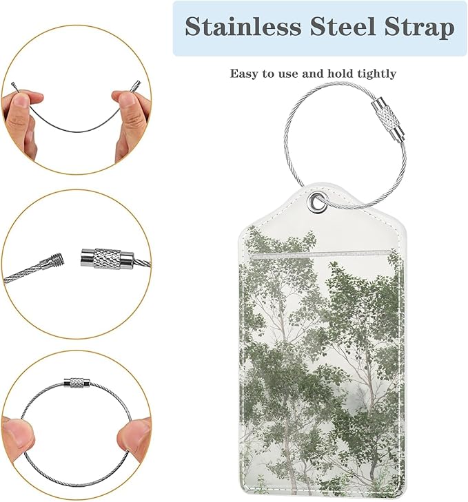 (Set of 2) Luggage Tag Leather Privacy Cover ID Label Address Card with Stainless Steel Loop, Travel Bag Tags Suitcase Labels, Misty