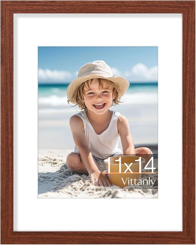 Vittanly 11x14 Picture Frame, Made of Solid Wood and Shatterproof Plexiglass, Display Pictures 8x10 with Mat or 8x10 without Mat, Wooden Photo Frame for Wall Mounting or Tabletop, Brown, 1 Pack