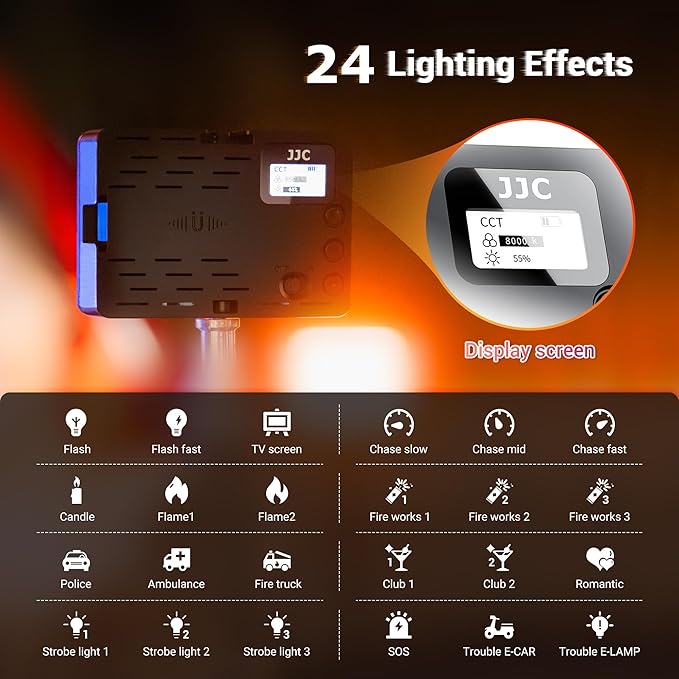 JJC RGB Video Light, 360°Full Color 24 Effects 2600mAh Rechargeable 2500-8500K Magnetic LED Camera Light, 1/4" Screw Mount Cold Shoe Light, Portable Light for Photography Video Streaming