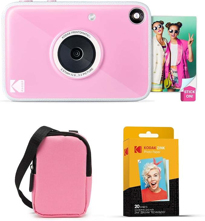 Kodak Printomatic+ Instant Print Digital Camera Starter Bundle + Carrying Case (Pink) + Zink 20pk Sticky-Back Photo Paper - 10MP, Full-Color Photos, GB LED Status Indicator - Pink
