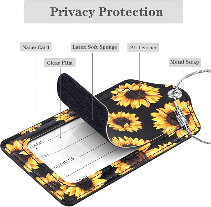 (Set of 2) Luggage Tag for Suitcases Leather Privacy Cover ID Label with Stainless Steel Loop, Travel Bag Tags Suitcase Labels, Sunflower