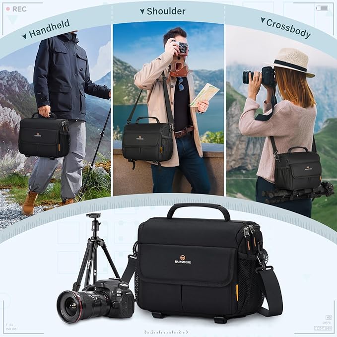 RAINSMORE Camera Bag for DSLR SLR Mirrorless Camera,Small Camera Sling Bag for Photographers Waterproof Camera Case with Tripod Holder Compact Camera Bag Crossbody with Rain Cover Black