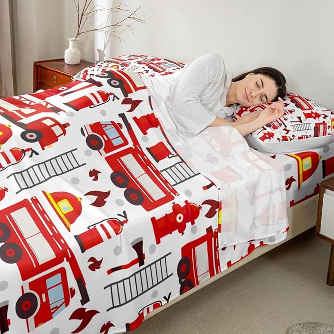 Fire Truck Sheet Sets, Red Fire Fighting Supplies Print Top Sheet for Boys Teens Kids Bottom Sheet Helmet Ladder Fire Extinguisher Fire Theme Sheet Sets,1 Flat Sheet+1 Fitted Sheet+2 Pillowcases,Full