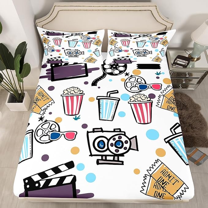 Movie Theme Sheet Set Home Theater Decor Bed Sheets Set for Family Kids Film Theme Decor Sheets Clapboard Popcorn Filmstrip Print Flat Sheet Home Movie Theater Room Decor Fitted Sheet Full
