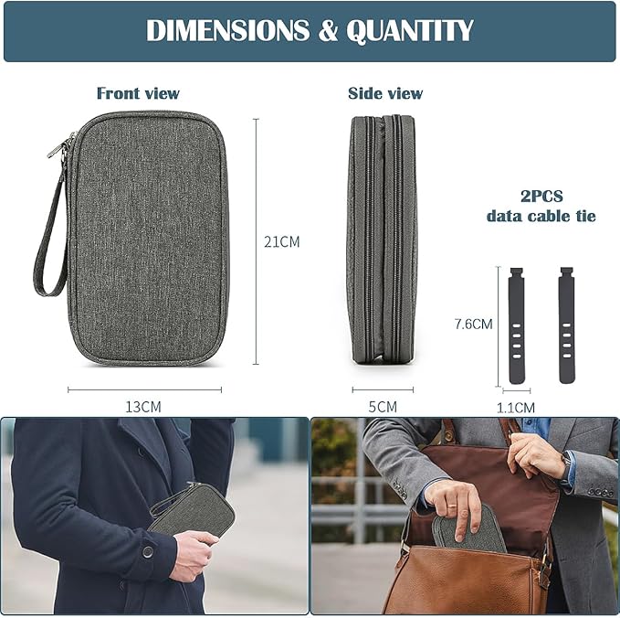 ULLiaN Electronics Travel Organizer Case, Double Layers Tech Pouch Accessories Cord Storage Bag with 2 PCS Data Silicone Ties Portable Cable Bags for Charger Phone Power Bank Sd Card Cables, Grey
