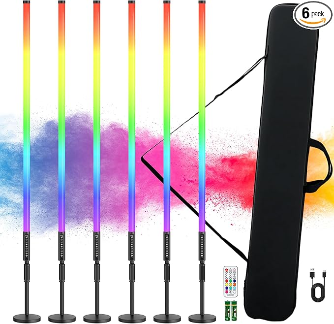 6Pack 4ft RGB Tube Light Portable 5000mAh Battery Powered with Stand Handheld Color Neon Light Bar LED Video Light with Bag for Photography DJ Dance Party Stage Painting Photo Booth Lighting