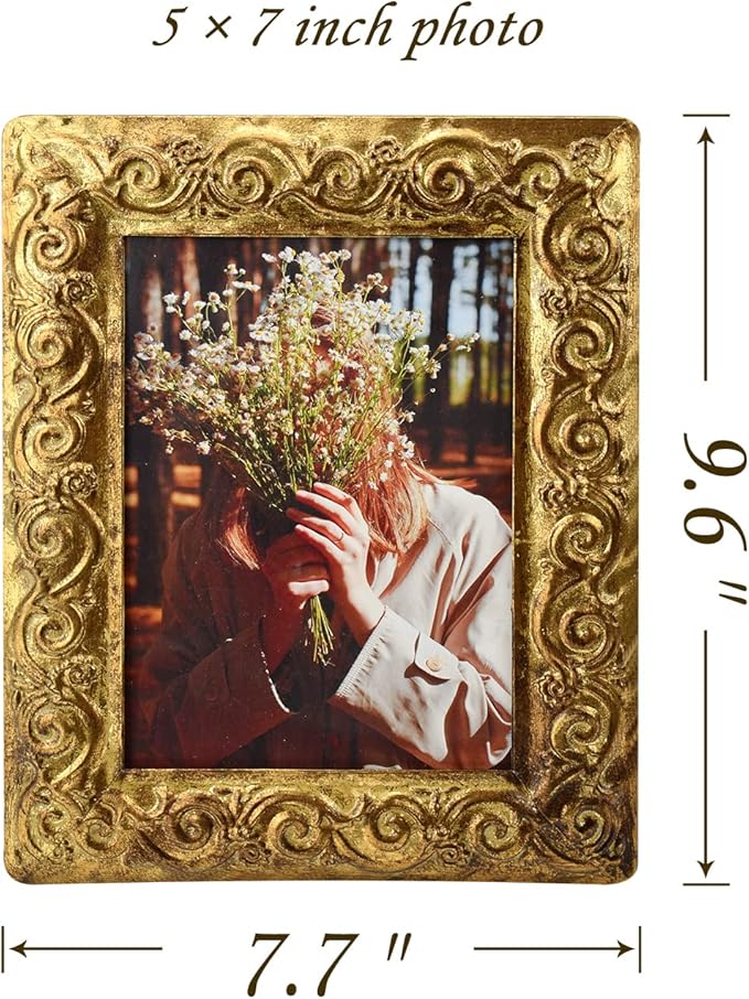 Vintage 5 x 7 Gold Picture Frame Table Top Display Retro Flower Design Antique Picture Frames with HD Glass Front, Great Gift Metal Photo Frames for Wedding Baby Family Portraits Home Office Decor