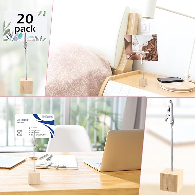 Gersoniel 20 Pcs Cube Base Memo Clip Holder with Alligator Clip Wood Table Number Holder Cube Base Place Card Stand Mini Photo Menu Stand for Displaying Number Card (Light Wood Color)
