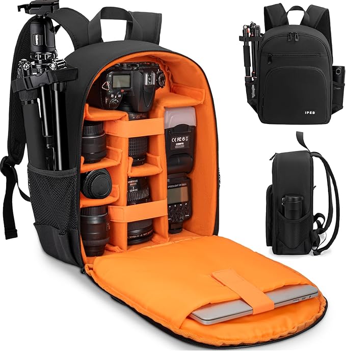 IPEB Camera Backpack for DSLR/SLR/Mirrorless Bag Professional Waterproof Camera Case 11"X5.9"X15" for Photographers Grey Black Orange