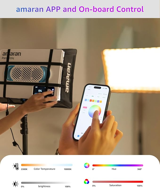amaran Pano 120c Kit 120W RGBWW LED Panel Video Light APP Control,CCT 2,300K-10,000K Photography Studio Lighting w/Softbox/12 Scenes/Support USB-C PD/for Outdoor Filming Recording Streaming (Charcoal)