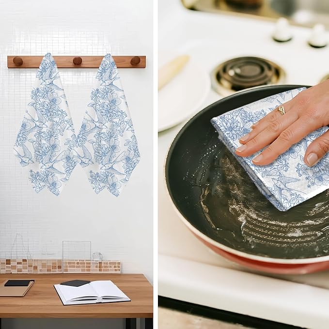 2 Pcs Chinoiserie Floral Bird Kitchen Towels 24x14 Inch, Blue White Flowers Bird Dish Towels for Kitchen Farmhouse Decor, Durable Absorbent Microfiber Tea Towel Dish Cloth, Home Gifts for Women Mom