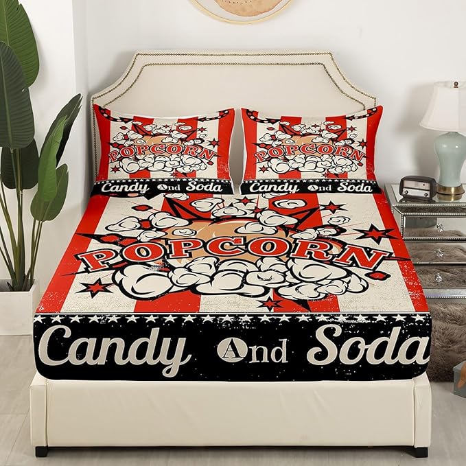 Erosebridal Movie Themed Bed Sheets Set Twin Size Vintage Cinema Style Sheet Set for Boys Girls Family Home Theater Decor Sheets Movie Theater Decor Fitted Sheet Popcorn Print Flat Sheet