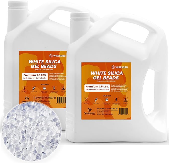15LBS Pure White Silica Gel Desiccant Beads, 1-3mm Reusable Silica Beads, Moisture Absorber