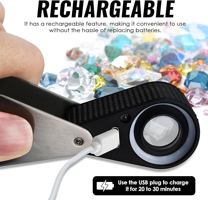 10x Jewelers Loupe Magnifier with UV & LED Lights, 22mm Triplet Lens Rechargeable Jewelers Loupe Foldable Jewelry Magnifier Portable Jewelry Magnifier Inspection Loupe for Gems, Jewelry, Coins, Rocks