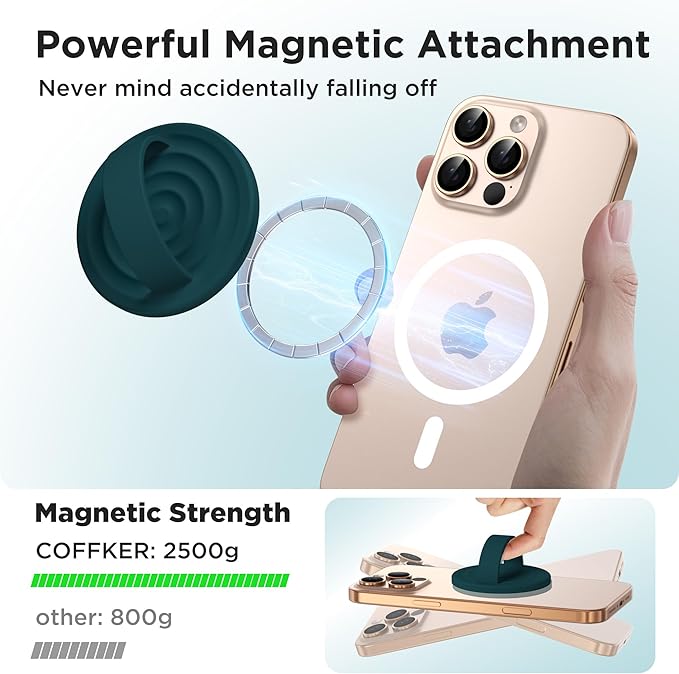 Magnetic Phone Grip Ring Holder, Liquid Silicone Magnet Cell Phone Grip Finger Loop, Compatible with Magsafe, Back of Phone for iPhone 17/16/15/14/13/12 Series, Dark Green