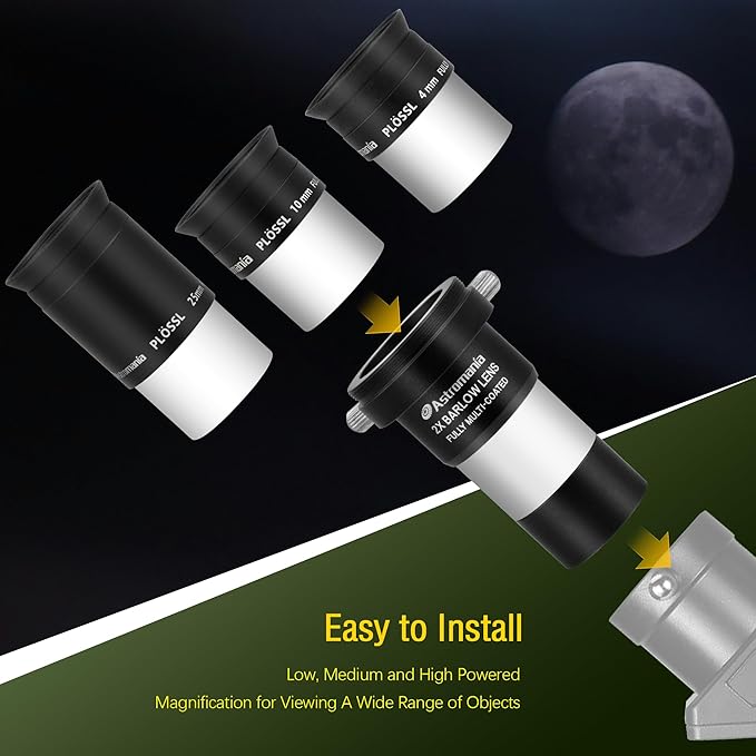 Astromania Telescope Accessory Kit Eyepiece Set with Three Plossl Eyepieces Including 4mm 10mm 25mm and Barlow Lens 2X, FMC Telescope Lense for 1.25 inch Astronomical Telescopes & Astronomy Filters