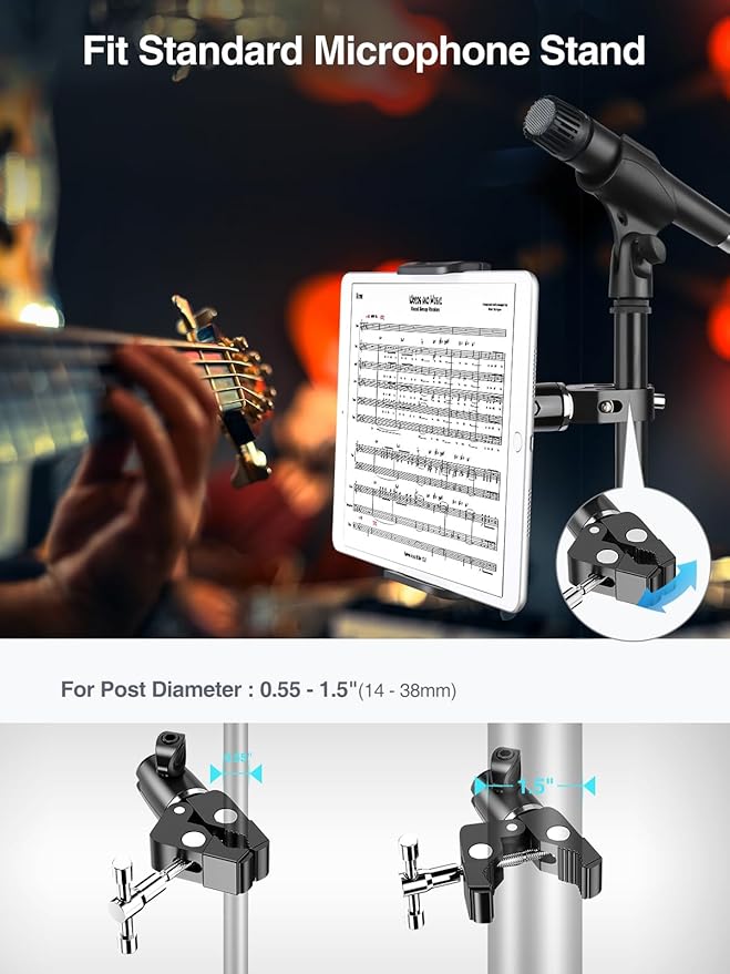 elitehood Metal iPad Holder for Mic Stand, 360° Adjustable Mic Stand Tablet Holder, Aluminum iPad Mount for Music Microphone Stand, Compatible with 4.7-13" Tablets and Cell Phones