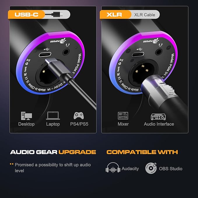 XLR/USB Podcast Microphone, Gaming Mic with Mute Button, Reverb Effects, Noise Cancellation, Boom Arm Stand, Headphones Jack, Dynamic Microphone for Streaming/Recording/Gaming/Vocal-Black