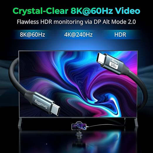 SMALLRIG USB4 40Gbps USB-C Cable, 240W Fast Charging & 8K@60Hz Video & 40Gbps Data Transfer, 60cm/23.6in Straight to Straight Connectors with Cable Tie, for MacBook for iPad Pro for iPhone - 5074
