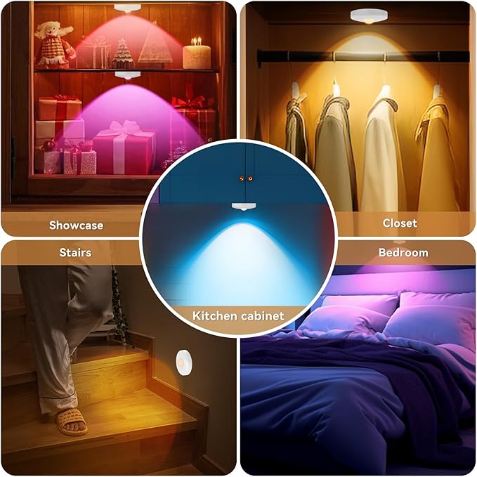 Rechargeable Puck Lights with Remote, 6 Pack Magnetic Under Cabinet Lighting, 1500mAh Battery Operated LED Tap Lights with Dimmer & Timmer for Kitchen, Closet, Shelf - 3 Color Temps & 12 RGB, White