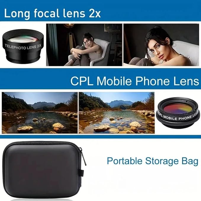 Phone Camera Lens Kit 7 in 1, Fish Eye + Wide Angle + Macro Camera Lenses, Cell Phone Len Attachments Accessory for iPhone, for Samsung, for Android Smartphone