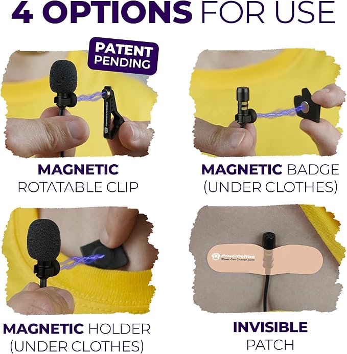 PowerDeWise CharisMic - Lavalier Clip On Microphone with Magnetic Mount and Badges for Camera or Phone - Small Lapel Mic use for Video Recording 3.5mm Noise Cancelling…