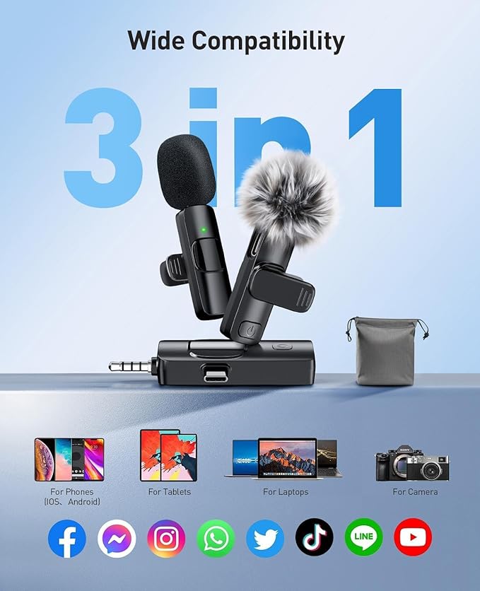 3-in-1 Mini Microphone for iPhone: Wireless Lavalier Microphones for iOS/Android/Camera - Noise Reduction Lapel Mic, Clip on Mic for Video Recording Vlog, YouTube, Interview, Gifts